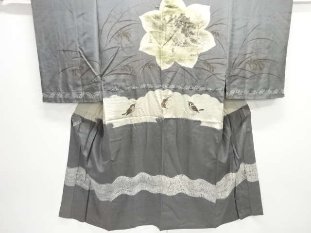 Antique shibori shibori men's long underwear with sparrow pattern on ears of ric